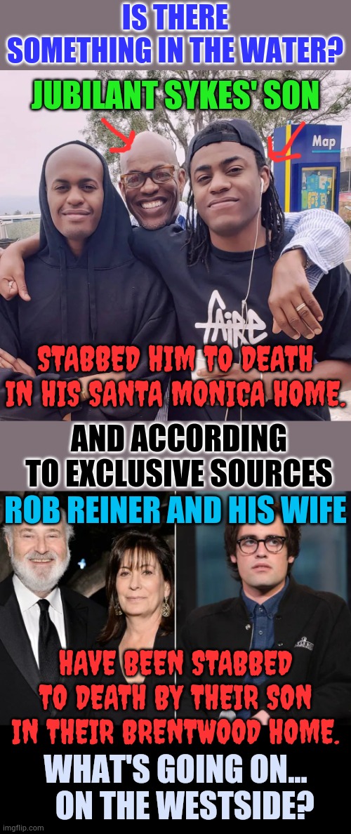 What's Going On...On The Westside? | IS THERE SOMETHING IN THE WATER? JUBILANT SYKES' SON; STABBED HIM TO DEATH IN HIS SANTA MONICA HOME. AND ACCORDING TO EXCLUSIVE SOURCES; ROB REINER AND HIS WIFE; HAVE BEEN STABBED TO DEATH BY THEIR SON IN THEIR BRENTWOOD HOME. WHAT'S GOING ON...    ON THE WESTSIDE? | image tagged in memes,politics,celebrities,son,killing,parents | made w/ Imgflip meme maker