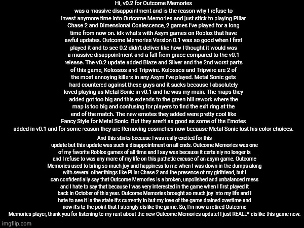 Long Roblox Outcome Memories rant. (I may have been overly negative, but this is my personal opinion) | image tagged in sonic exe,roblox | made w/ Imgflip meme maker