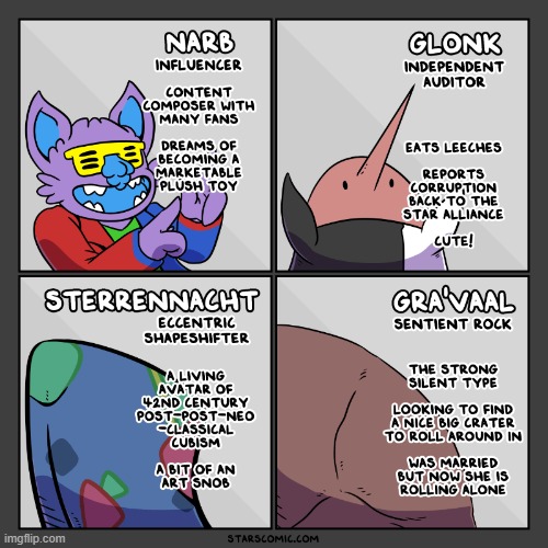 If I were to be friends with any of the Stars characters, it'd probably be Narb LOL | image tagged in stars,civilians,influencer,leeches,shapeshifter,rock | made w/ Imgflip meme maker