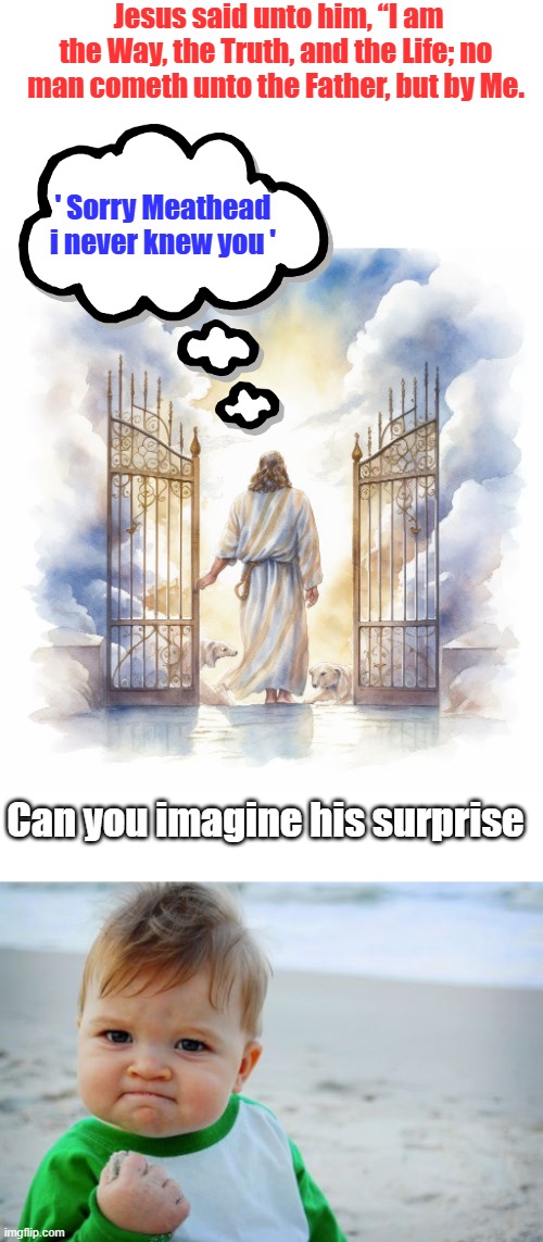 It seems a lot of people are going to be surprised, the way things are going maybe 1/3 . I read 1/3 somewhere. | Jesus said unto him, “I am the Way, the Truth, and the Life; no man cometh unto the Father, but by Me. ' Sorry Meathead i never knew you '; Can you imagine his surprise | image tagged in memes,success kid original | made w/ Imgflip meme maker