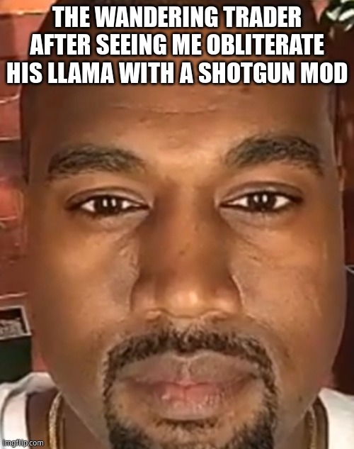 Kanye West Stare | THE WANDERING TRADER AFTER SEEING ME OBLITERATE HIS LLAMA WITH A SHOTGUN MOD | made w/ Imgflip meme maker