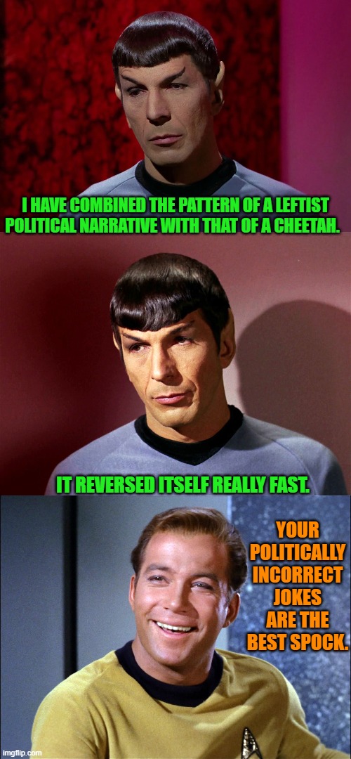 A sense of humor as dry as the Sahara desert. | I HAVE COMBINED THE PATTERN OF A LEFTIST POLITICAL NARRATIVE WITH THAT OF A CHEETAH. IT REVERSED ITSELF REALLY FAST. YOUR POLITICALLY INCORRECT JOKES ARE THE BEST SPOCK. | image tagged in yep | made w/ Imgflip meme maker