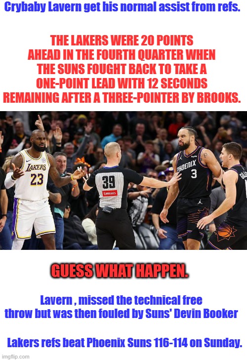 NBBA reeks of corruption. Is there any honest sports anymore? Lakers had folded like cheap suit UNTIL. | Crybaby Lavern get his normal assist from refs. THE LAKERS WERE 20 POINTS AHEAD IN THE FOURTH QUARTER WHEN THE SUNS FOUGHT BACK TO TAKE A ONE-POINT LEAD WITH 12 SECONDS REMAINING AFTER A THREE-POINTER BY BROOKS. GUESS WHAT HAPPEN. Lavern , missed the technical free throw but was then fouled by Suns' Devin Booker; Lakers refs beat Phoenix Suns 116-114 on Sunday. | image tagged in rigged | made w/ Imgflip meme maker