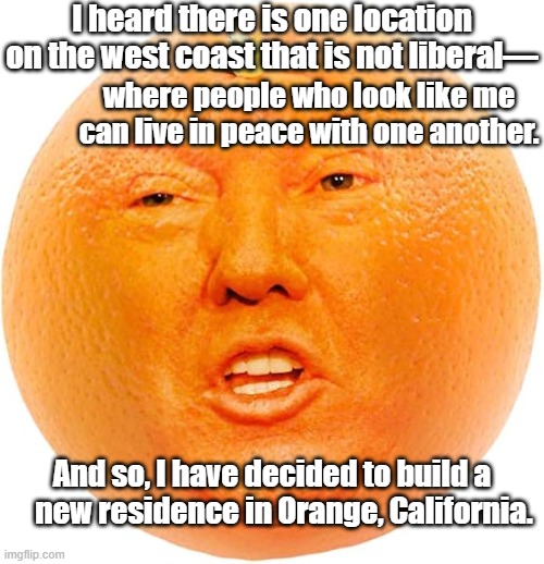 tRump Moves Westward | I heard there is one location on the west coast that is not liberal—; where people who look like me can live in peace with one another. And so, I have decided to build a     new residence in Orange, California. | image tagged in donald trump memes,president trump,donald trump approves,presidential alert,orange trump,florida man | made w/ Imgflip meme maker