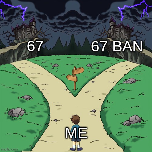 Two paths | 67; 67 BAN; ME | image tagged in two paths,67,nothing | made w/ Imgflip meme maker