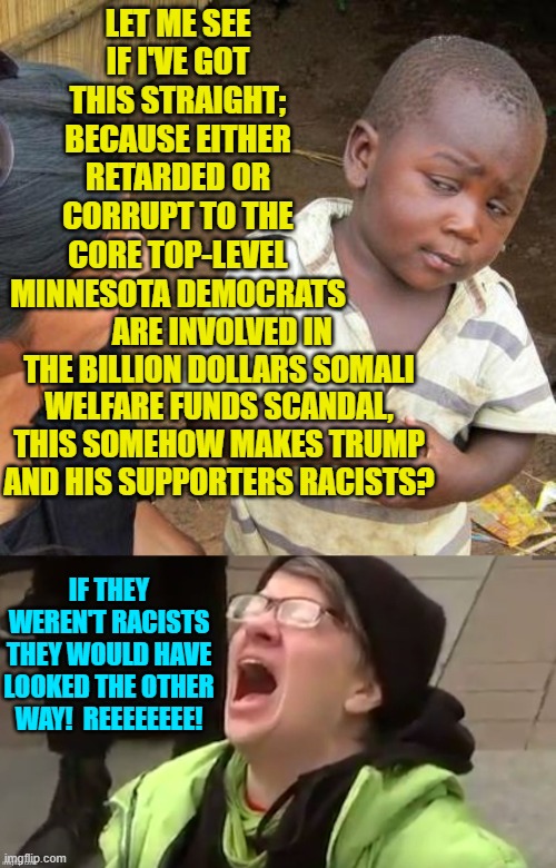 Leftists are simple creatures. | LET ME SEE IF I'VE GOT THIS STRAIGHT; BECAUSE EITHER RETARDED OR CORRUPT TO THE CORE TOP-LEVEL MINNESOTA DEMOCRATS; ARE INVOLVED IN THE BILLION DOLLARS SOMALI WELFARE FUNDS SCANDAL, THIS SOMEHOW MAKES TRUMP AND HIS SUPPORTERS RACISTS? IF THEY WEREN'T RACISTS THEY WOULD HAVE LOOKED THE OTHER WAY!  REEEEEEEE! | image tagged in third world skeptical kid | made w/ Imgflip meme maker