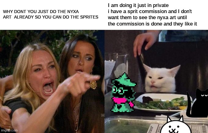 Woman Yelling At Cat Meme | WHY DONT YOU JUST DO THE NYXA ART  ALREADY SO YOU CAN DO THE SPRITES; I am doing it just in private i have a sprit commission and I don't want them to see the nyxa art until the commission is done and they like it | image tagged in memes,woman yelling at cat | made w/ Imgflip meme maker