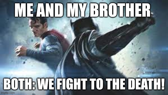 who is going to win me or him... | ME AND MY BROTHER; BOTH: WE FIGHT TO THE DEATH! | image tagged in fight punch between superman and batman | made w/ Imgflip meme maker