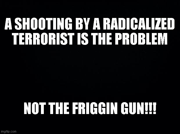 terrorist | A SHOOTING BY A RADICALIZED TERRORIST IS THE PROBLEM; NOT THE FRIGGIN GUN!!! | image tagged in black background,terrorist,terrorism,gun control | made w/ Imgflip meme maker