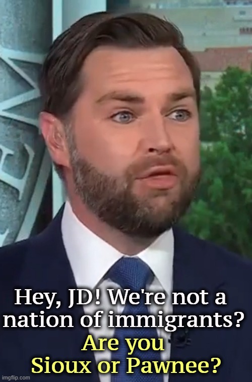 A dislikable bully. | Hey, JD! We're not a 
nation of immigrants? Are you 
Sioux or Pawnee? | image tagged in jd vance,trump,immigration,native american | made w/ Imgflip meme maker