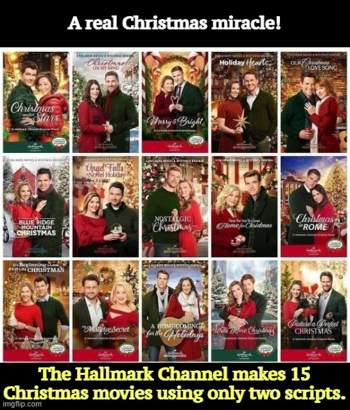 How can you tell them apart? | A real Christmas miracle! The Hallmark Channel makes 15 Christmas movies using only two scripts. | image tagged in 15 hallmark channel christmas movies and only 2 scripts,hallmark channel,christmas,christmas story,they're the same picture | made w/ Imgflip meme maker