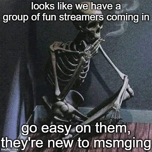 remember you were all like them at one point | looks like we have a group of fun streamers coming in; go easy on them, they're new to msmging | image tagged in skeleton smoke | made w/ Imgflip meme maker