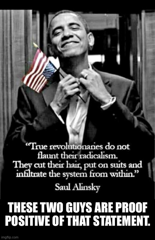 The damage that both of these guys have done is immense… | THESE TWO GUYS ARE PROOF 
POSITIVE OF THAT STATEMENT. | image tagged in political meme,barack obama,saul alinsky,plain clothes,revolutionary | made w/ Imgflip meme maker