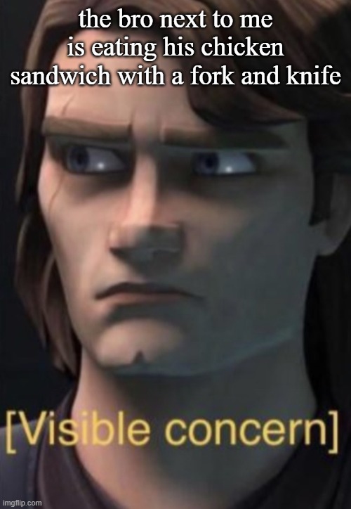 wtttfffff | the bro next to me is eating his chicken sandwich with a fork and knife | image tagged in anakin visible concern | made w/ Imgflip meme maker