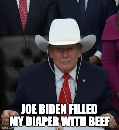 Trump Cowboy Hat | JOE BIDEN FILLED MY DIAPER WITH BEEF | image tagged in trump cowboy hat | made w/ Imgflip meme maker