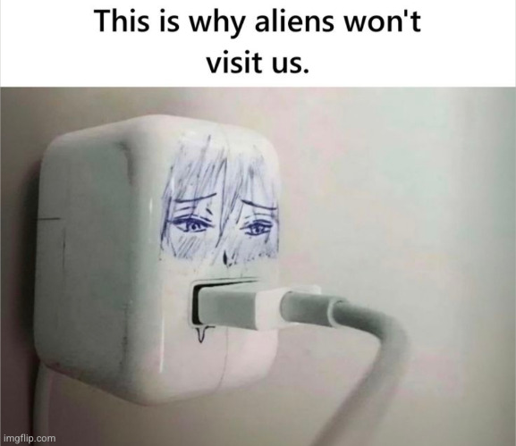 if aliens had this then humans would visit them | image tagged in anime,sus,nsfw,funny,charger,plug | made w/ Imgflip meme maker