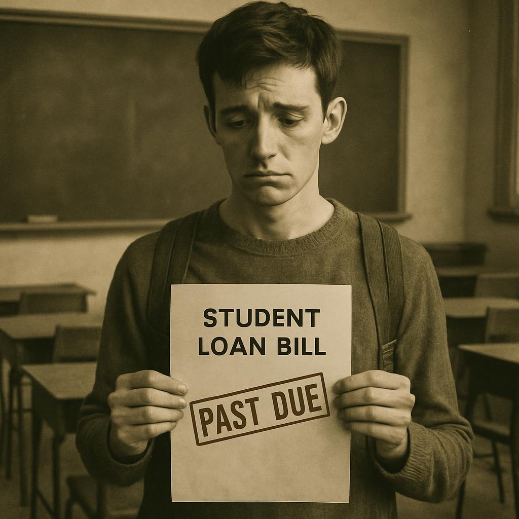 sad college student holding a past due student loan bill while s Blank Meme Template