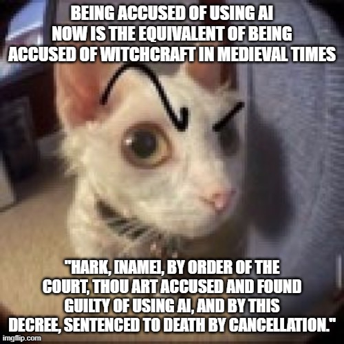 accusations | BEING ACCUSED OF USING AI NOW IS THE EQUIVALENT OF BEING ACCUSED OF WITCHCRAFT IN MEDIEVAL TIMES; "HARK, [NAME], BY ORDER OF THE COURT, THOU ART ACCUSED AND FOUND GUILTY OF USING AI, AND BY THIS DECREE, SENTENCED TO DEATH BY CANCELLATION." | image tagged in side eye eyebrow raise cat | made w/ Imgflip meme maker