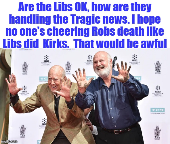 Are the Libs OK, how are they handling the Tragic news. I hope no one's cheering Robs death like Libs did  Kirks.  That would be awful | made w/ Imgflip meme maker