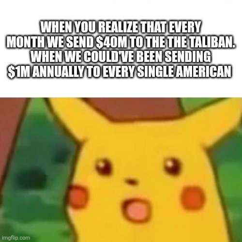 Surprised Pikachu Meme | WHEN YOU REALIZE THAT EVERY MONTH WE SEND $40M TO THE THE TALIBAN.
WHEN WE COULD'VE BEEN SENDING $1M ANNUALLY TO EVERY SINGLE AMERICAN | image tagged in memes,surprised pikachu | made w/ Imgflip meme maker