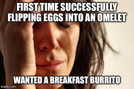 First World Problems | FIRST TIME SUCCESSFULLY FLIPPING EGGS INTO AN OMELET  WANTED A BREAKFAST BURRITO | image tagged in memes,first world problems | made w/ Imgflip meme maker
