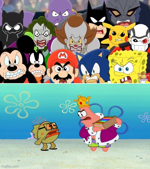 Everyone is very angry at Patrick as a king for stealing the poor bloke's comics. Patrick can be really mean and cruel, indeed. | image tagged in crossover,angry,patrick star,scumbob,rule of dumb,cruel | made w/ Imgflip meme maker