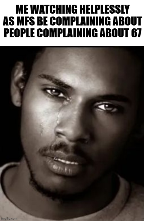 the great meme reset shall save us all? | ME WATCHING HELPLESSLY AS MFS BE COMPLAINING ABOUT PEOPLE COMPLAINING ABOUT 67 | image tagged in whiteboard,black guy crying | made w/ Imgflip meme maker