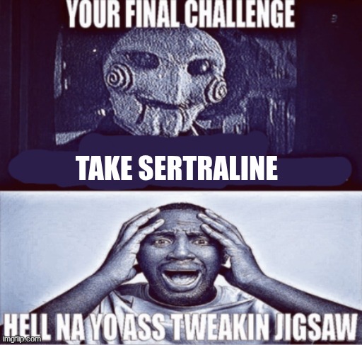 frick antidepressants, rawdog this shi. | TAKE SERTRALINE | image tagged in your final challenge | made w/ Imgflip meme maker