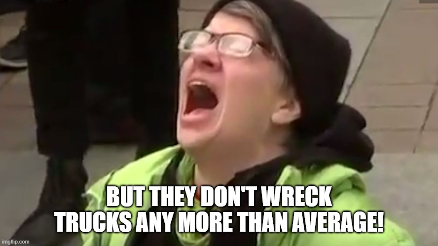Screaming Liberal  | BUT THEY DON'T WRECK TRUCKS ANY MORE THAN AVERAGE! | image tagged in screaming liberal | made w/ Imgflip meme maker