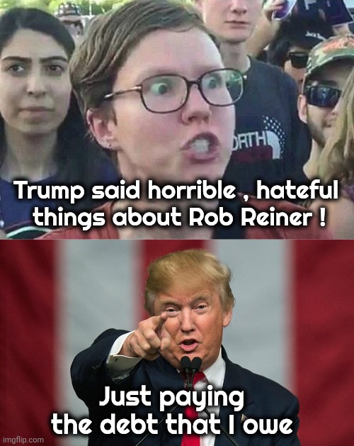 Only Democrats are allowed | Trump said horrible , hateful 
things about Rob Reiner ! Just paying the debt that I owe | image tagged in triggered liberal,donald trump birthday,it's ok when we do it,democrats democratting,party of hate | made w/ Imgflip meme maker