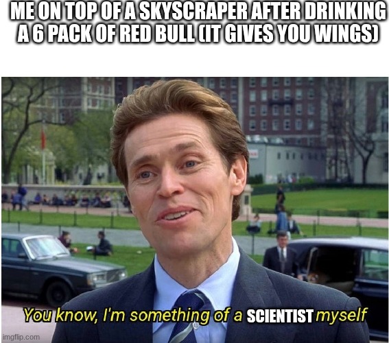 You know, I'm something of a _ myself | ME ON TOP OF A SKYSCRAPER AFTER DRINKING A 6 PACK OF RED BULL (IT GIVES YOU WINGS); SCIENTIST | image tagged in you know i'm something of a _ myself | made w/ Imgflip meme maker