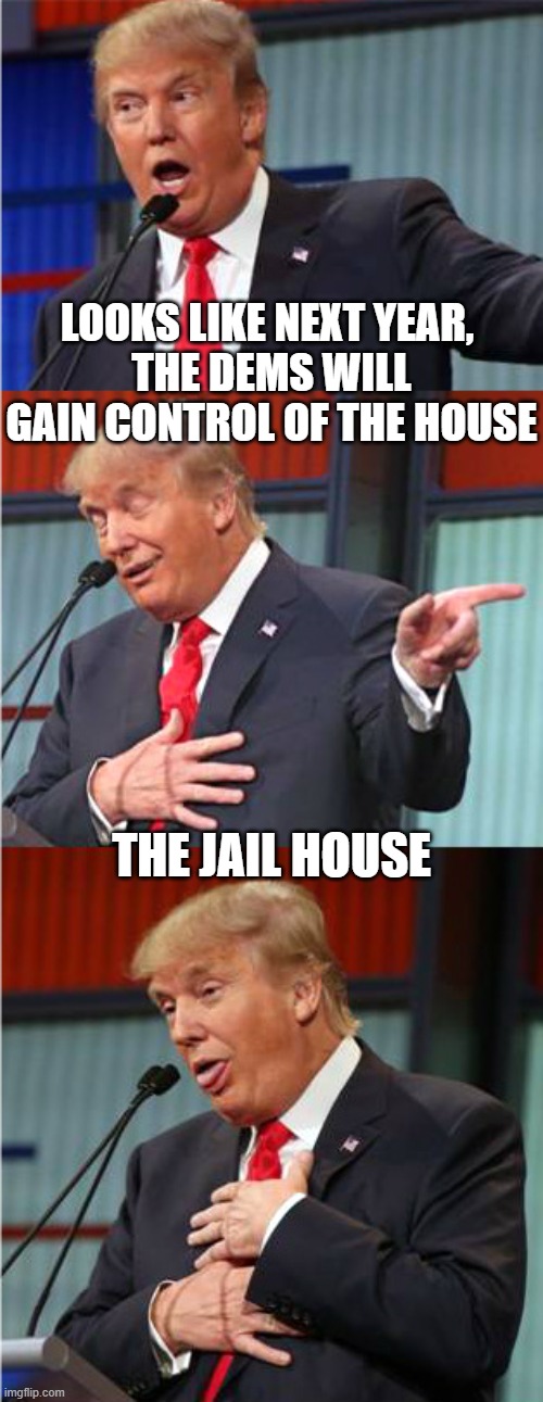 Bad Pun Trump | LOOKS LIKE NEXT YEAR, 
THE DEMS WILL GAIN CONTROL OF THE HOUSE THE JAIL HOUSE | image tagged in bad pun trump | made w/ Imgflip meme maker