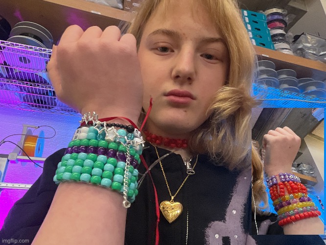 bracelets:"my emo emu", emu, an bracelt that my bestie a made for me, sam+tori inspo colors,4 ghost song ones fob inspo one | made w/ Imgflip meme maker