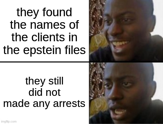 there is countless evidence, and they choose to DO FUCKING NOTHING | they found the names of the clients in the epstein files; they still did not made any arrests | image tagged in oh yeah oh no | made w/ Imgflip meme maker