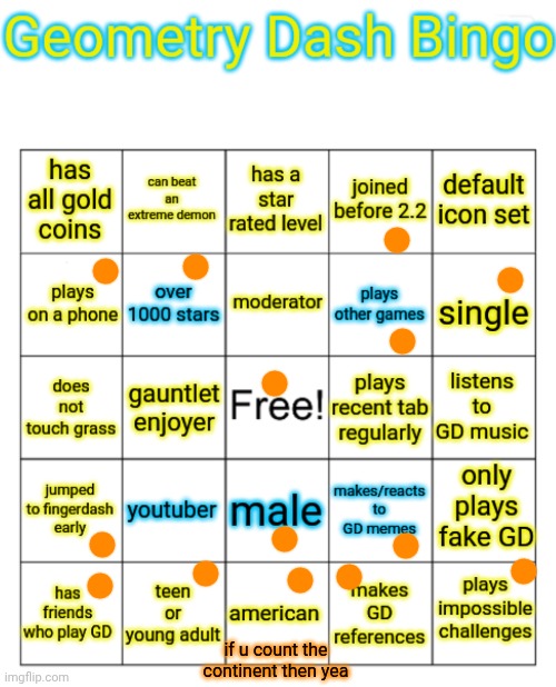 ok | if u count the continent then yea | image tagged in gd bingo | made w/ Imgflip meme maker
