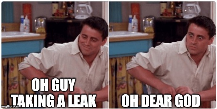 Joey from Friends | OH GUY TAKING A LEAK OH DEAR GOD | image tagged in joey from friends | made w/ Imgflip meme maker
