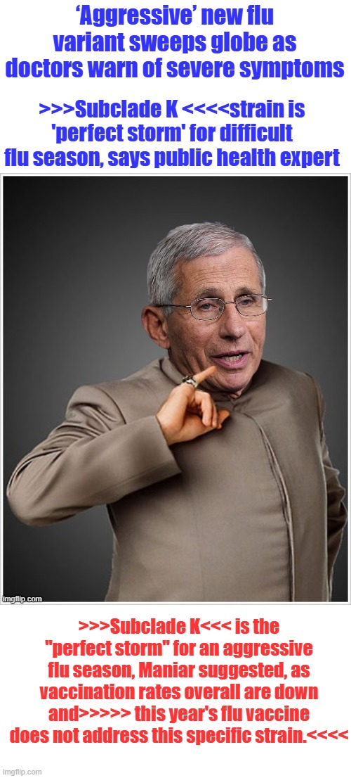 Follow the Science stay 6 ft apart. Classic double speak It doesn't work but it works a little. | ‘Aggressive’ new flu variant sweeps globe as doctors warn of severe symptoms; >>>Subclade K <<<<strain is 'perfect storm' for difficult flu season, says public health expert; >>>Subclade K<<< is the "perfect storm" for an aggressive flu season, Maniar suggested, as vaccination rates overall are down and>>>>> this year's flu vaccine does not address this specific strain.<<<< | image tagged in dr evil fauci | made w/ Imgflip meme maker