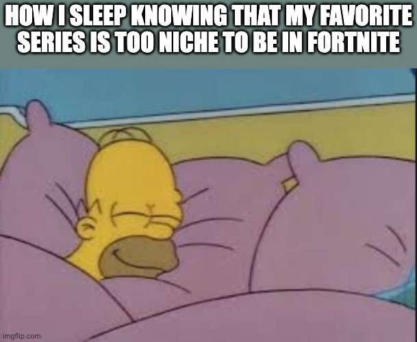 how i sleep homer simpson | HOW I SLEEP KNOWING THAT MY FAVORITE SERIES IS TOO NICHE TO BE IN FORTNITE | image tagged in how i sleep homer simpson,fortnite | made w/ Imgflip meme maker