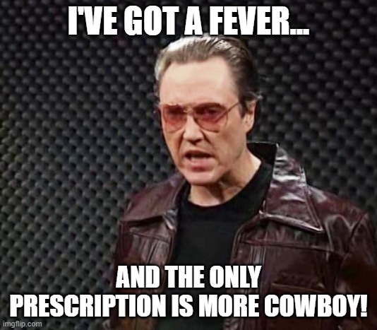 more cowboy | I'VE GOT A FEVER... AND THE ONLY PRESCRIPTION IS MORE COWBOY! | image tagged in christopher walken | made w/ Imgflip meme maker