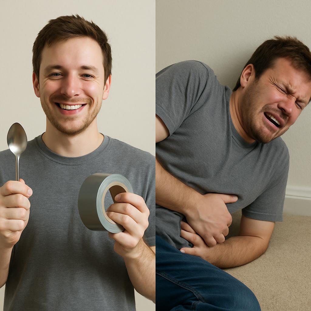 Person holding spoon and duct tape, smiling, on the first tile, Blank Meme Template