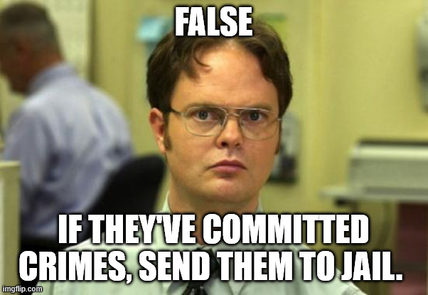 Dwight Schrute Meme | FALSE IF THEY'VE COMMITTED CRIMES, SEND THEM TO JAIL. | image tagged in memes,dwight schrute | made w/ Imgflip meme maker