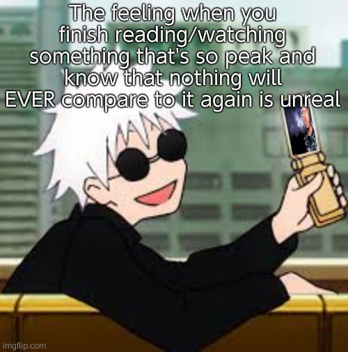 Gojo Satoru LowTierGod | The feeling when you finish reading/watching something that's so peak and know that nothing will EVER compare to it again is unreal | image tagged in gojo satoru lowtiergod | made w/ Imgflip meme maker