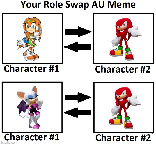 Knuckes the Echidna Role Swap AU | image tagged in sonic,sonic the hedgehog,knuckles the echidna,tikal the echidna,rouge the bat,au | made w/ Imgflip meme maker