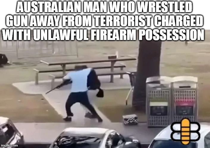 Sometimes the Bee is almost TOO good ! | AUSTRALIAN MAN WHO WRESTLED GUN AWAY FROM TERRORIST CHARGED WITH UNLAWFUL FIREARM POSSESSION | image tagged in australia gun possession meme | made w/ Imgflip meme maker