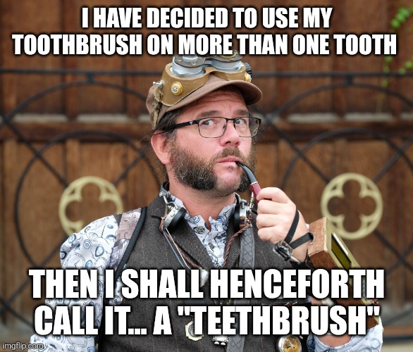 Bathroom routine | I HAVE DECIDED TO USE MY TOOTHBRUSH ON MORE THAN ONE TOOTH; THEN I SHALL HENCEFORTH CALL IT... A "TEETHBRUSH" | image tagged in steampunk,jokes | made w/ Imgflip meme maker