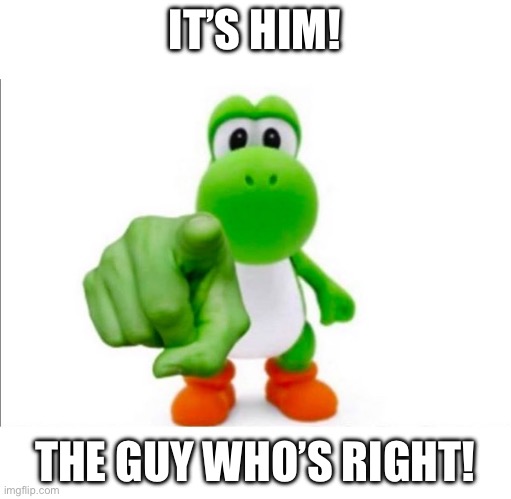 Pointing Yoshi | IT’S HIM! THE GUY WHO’S RIGHT! | image tagged in pointing yoshi | made w/ Imgflip meme maker