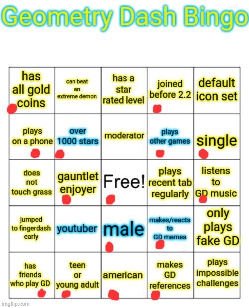 I play on phone, but mostly PC. I also literally got all of the secret coins two days ago | image tagged in gd bingo | made w/ Imgflip meme maker