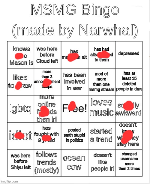 (btw whos narwhal, might have forgot them) | image tagged in msmg bingo | made w/ Imgflip meme maker