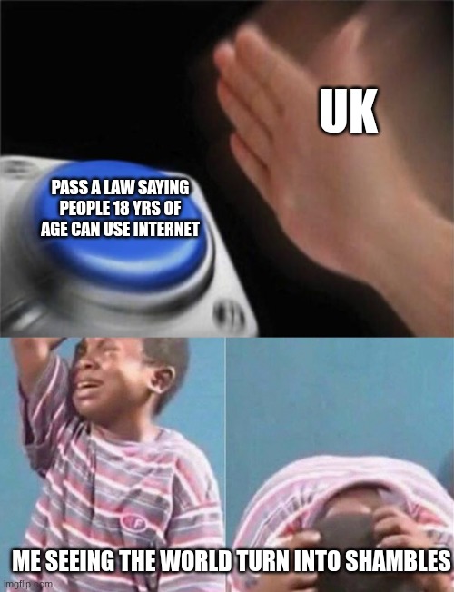 UK; PASS A LAW SAYING PEOPLE 18 YRS OF AGE CAN USE INTERNET; ME SEEING THE WORLD TURN INTO SHAMBLES | image tagged in memes,blank nut button,crying black kid | made w/ Imgflip meme maker