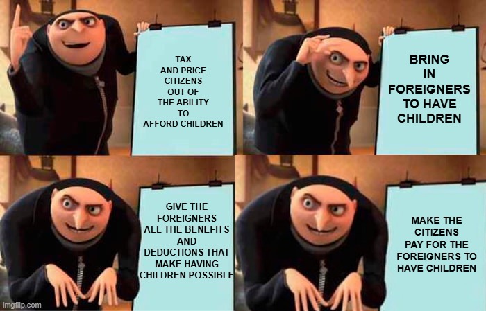 Gru's Plan | TAX AND PRICE CITIZENS OUT OF THE ABILITY TO AFFORD CHILDREN; BRING IN FOREIGNERS TO HAVE CHILDREN; GIVE THE FOREIGNERS ALL THE BENEFITS AND DEDUCTIONS THAT MAKE HAVING CHILDREN POSSIBLE; MAKE THE CITIZENS PAY FOR THE FOREIGNERS TO HAVE CHILDREN | image tagged in memes,gru's plan | made w/ Imgflip meme maker
